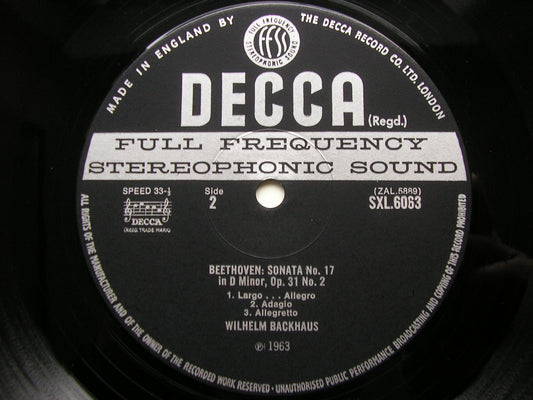 BEETHOVEN: PIANO SONATAS No. 17 'Tempest' / No. 28     WILHELM BACKHAUS      SXL 6063