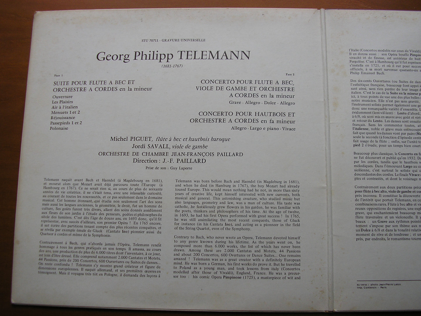 TELEMANN: SUITE in A / CONCERTO FOR FLUTE / CONCERTO FOR OBOE PIGUET / SAVALL / PAILLARD CHAMBER OCHESTRA STU 70711