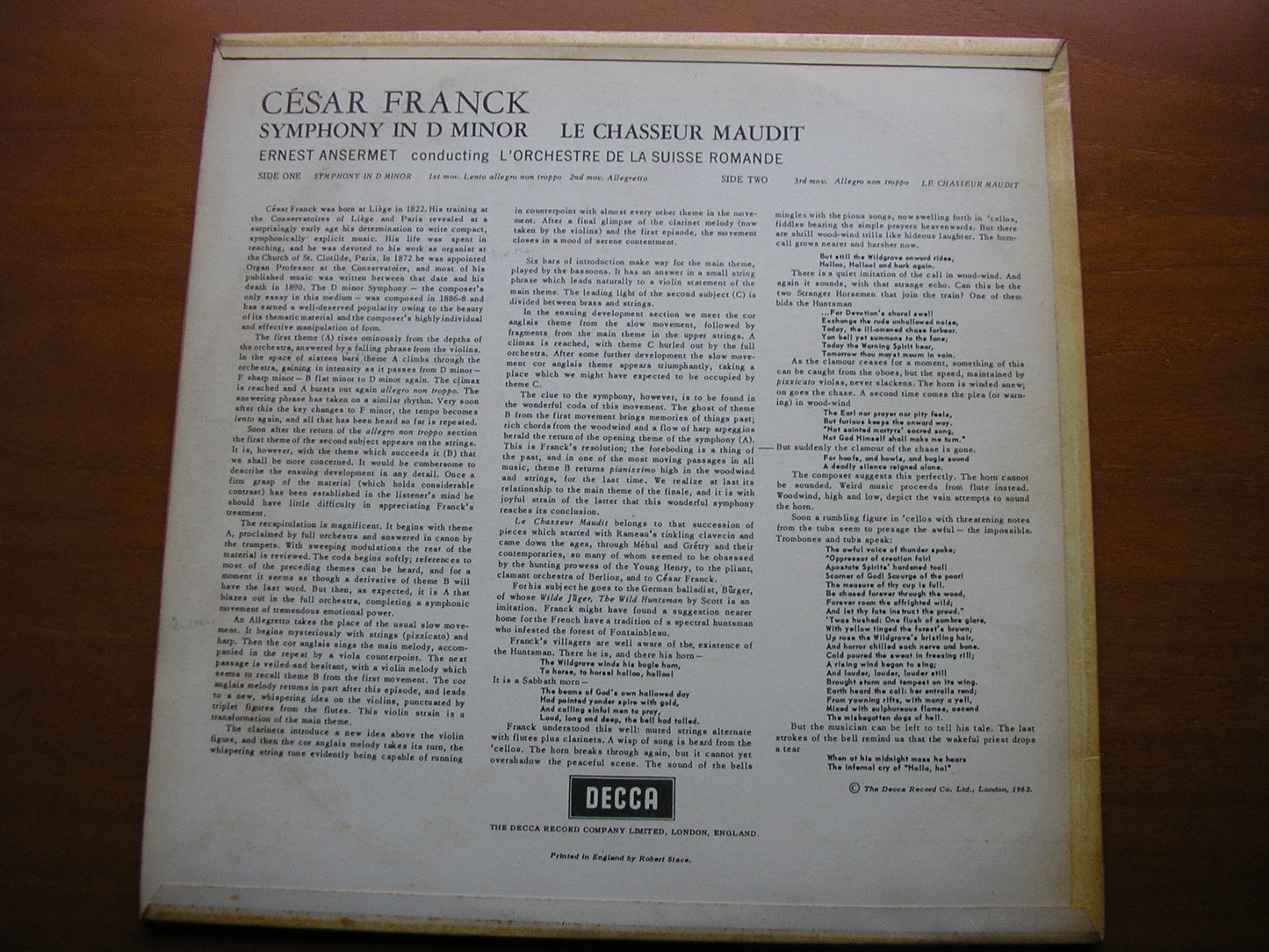 FRANCK: SYMPHONY in D / LE CHASSEUR MAUDIT ANSERMET / SUISSE ROMANDE SXL 2291