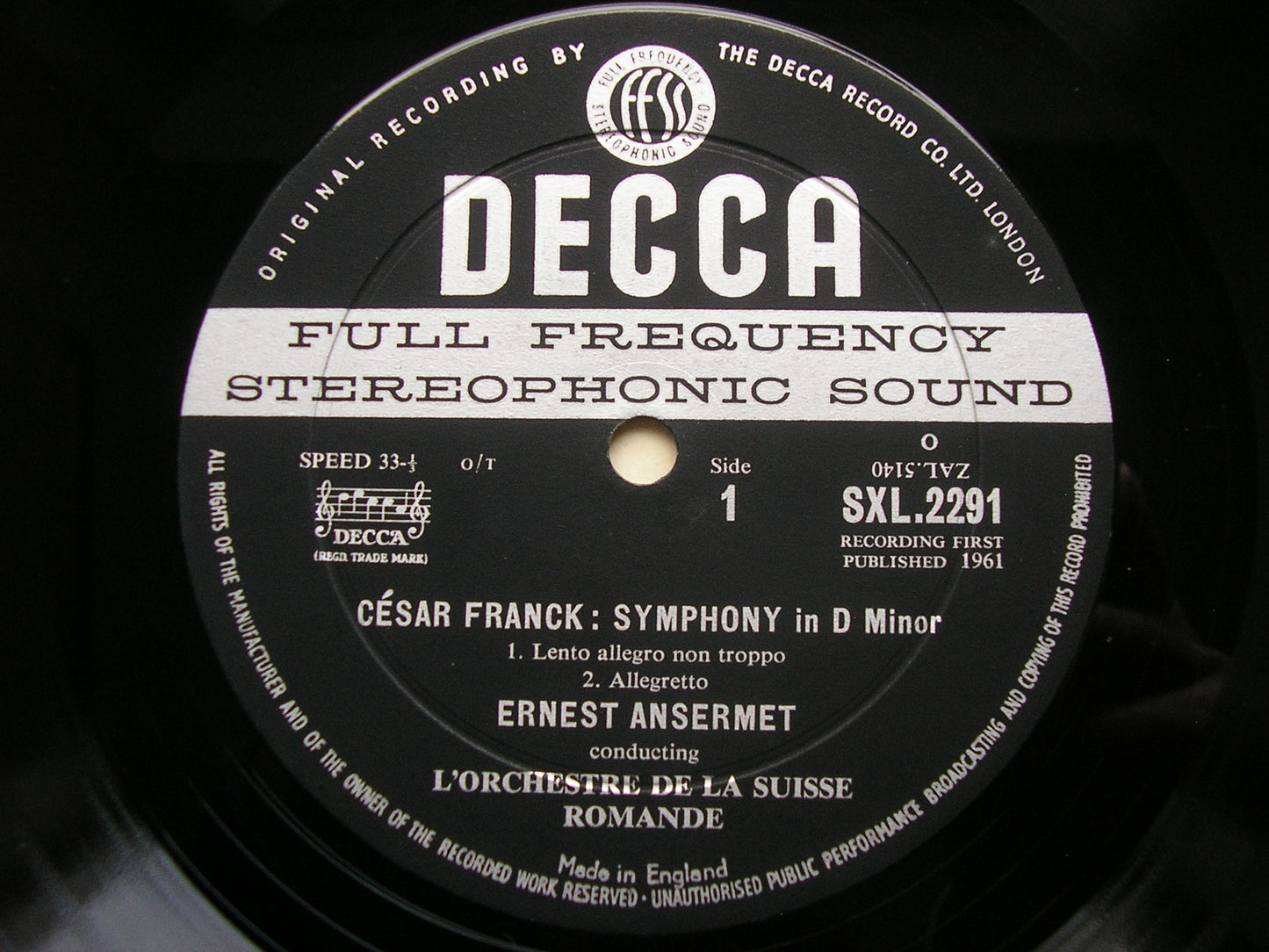 FRANCK: SYMPHONY in D / LE CHASSEUR MAUDIT ANSERMET / SUISSE ROMANDE SXL 2291