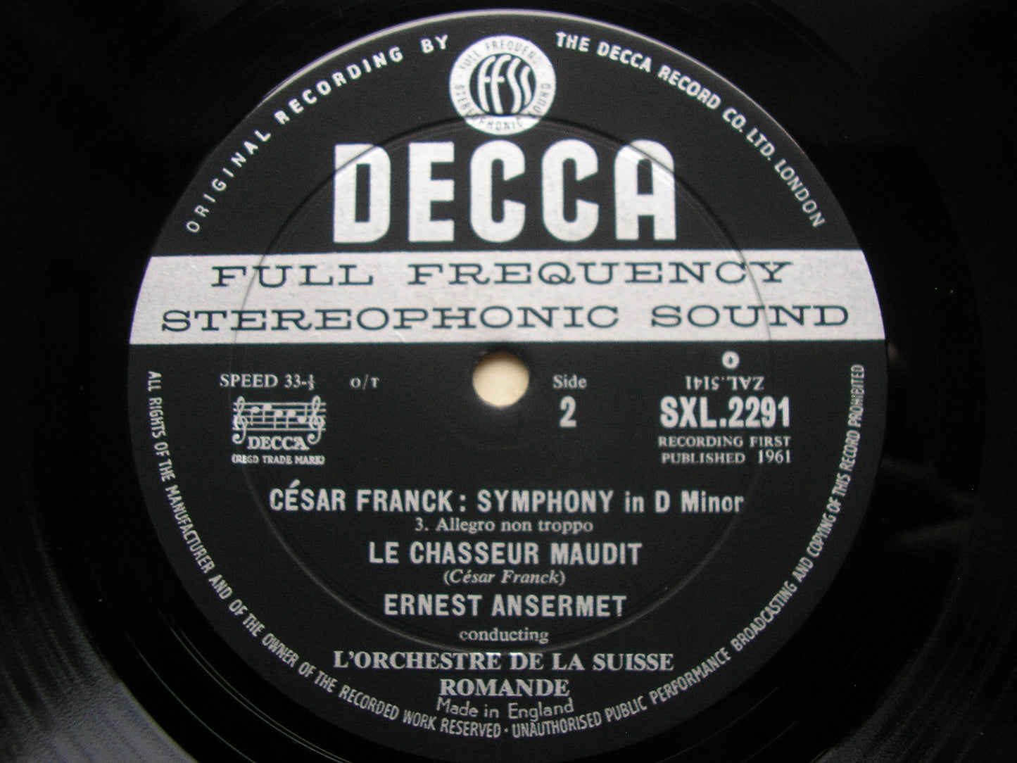 FRANCK: SYMPHONY in D / LE CHASSEUR MAUDIT ANSERMET / SUISSE ROMANDE SXL 2291