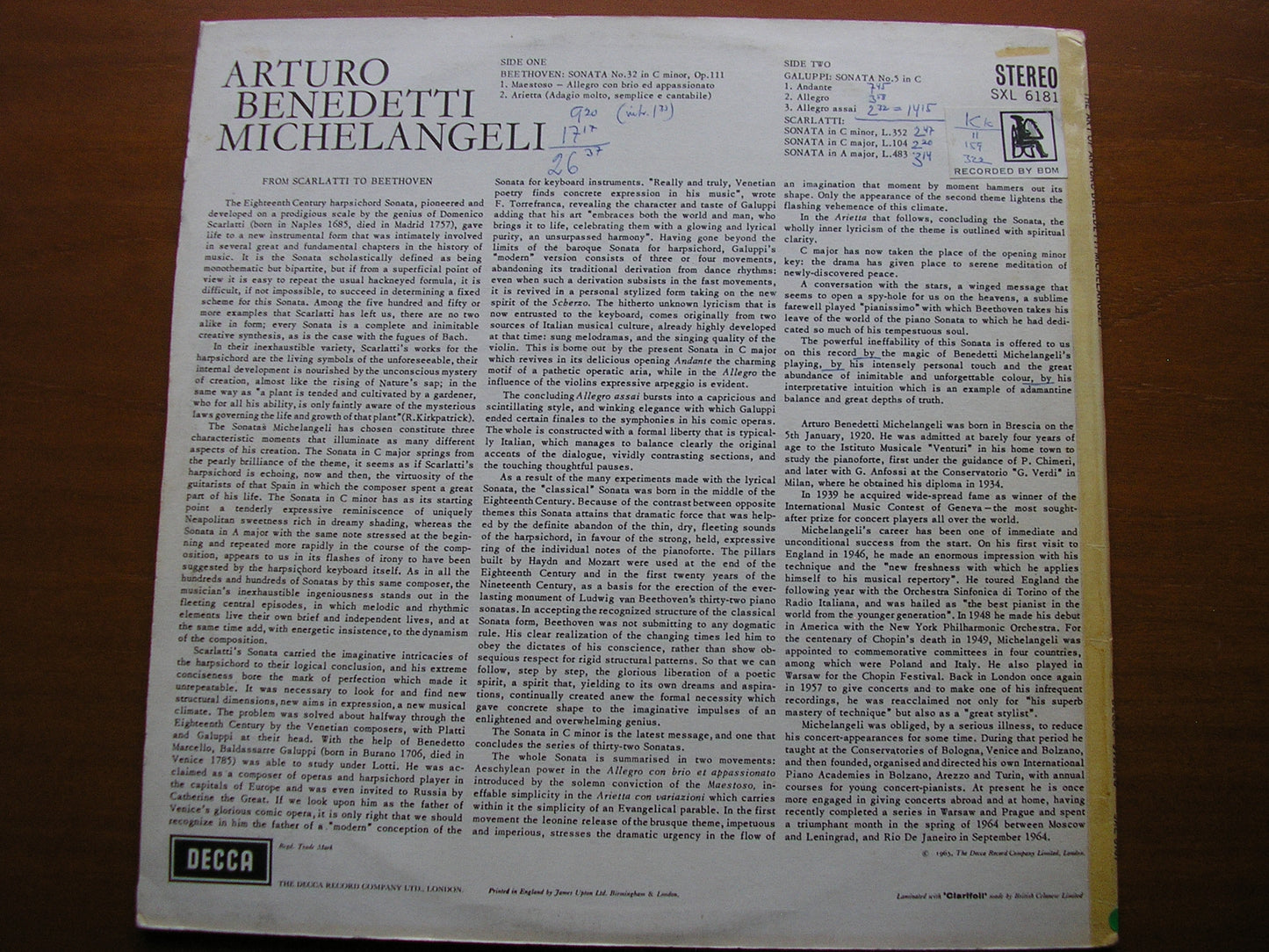 BEETHOVEN: PIANO SONATA No. 32 / SCARLATTI & GALUPPI: PIANO SONATAS MICHELANGELI SXL 6181