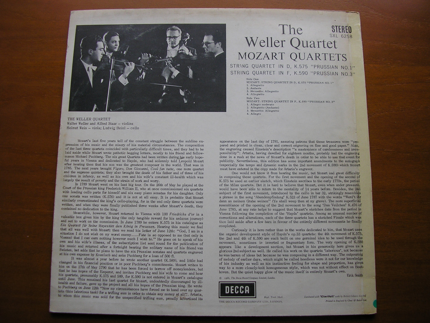 MOZART: STRING QUARTETS K575 in D & K590 in F       THE WELLER QUARTET    SXL 6258