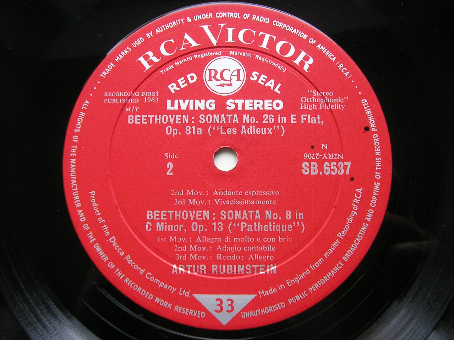 BEETHOVEN: PIANO SONATAS Nos. 8 'Pathetique' / 14 'Moonlight' / 26 'Les Adieux'     RUBINSTEIN     SB 6357