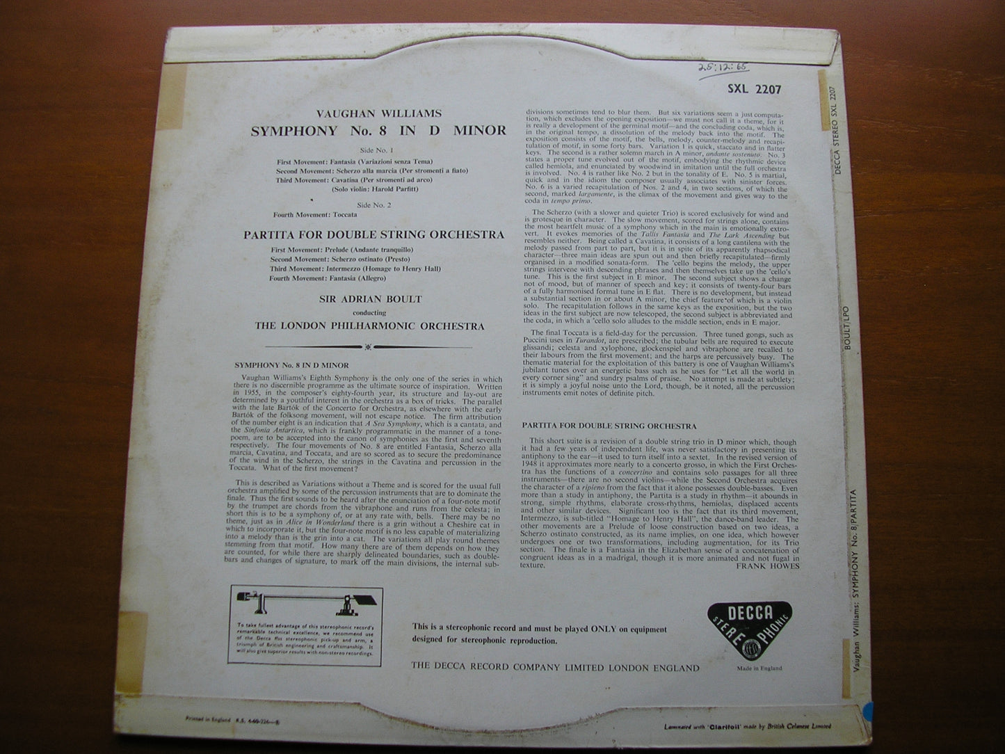 VAUGHAN WILLIAMS: SYMPHONY No. 8 / PARTITA FOR DOUBLE STRING ORCHESTRA BOULT / LONDON PHILHARMONIC SXL 2207