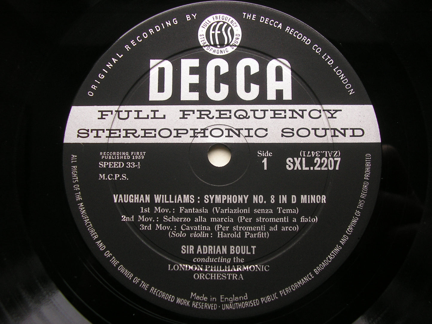 VAUGHAN WILLIAMS: SYMPHONY No. 8 / PARTITA FOR DOUBLE STRING ORCHESTRA BOULT / LONDON PHILHARMONIC SXL 2207