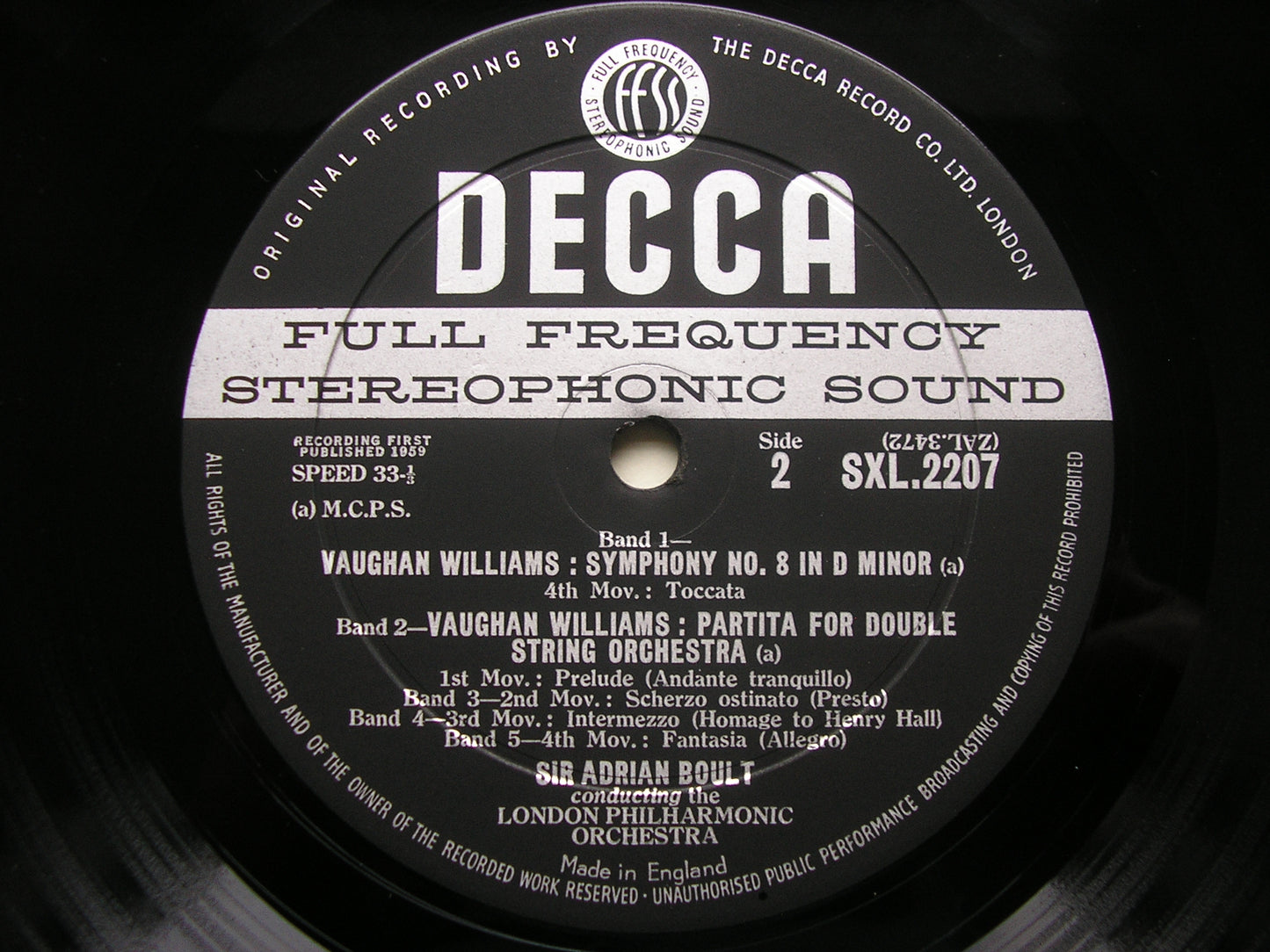 VAUGHAN WILLIAMS: SYMPHONY No. 8 / PARTITA FOR DOUBLE STRING ORCHESTRA BOULT / LONDON PHILHARMONIC SXL 2207