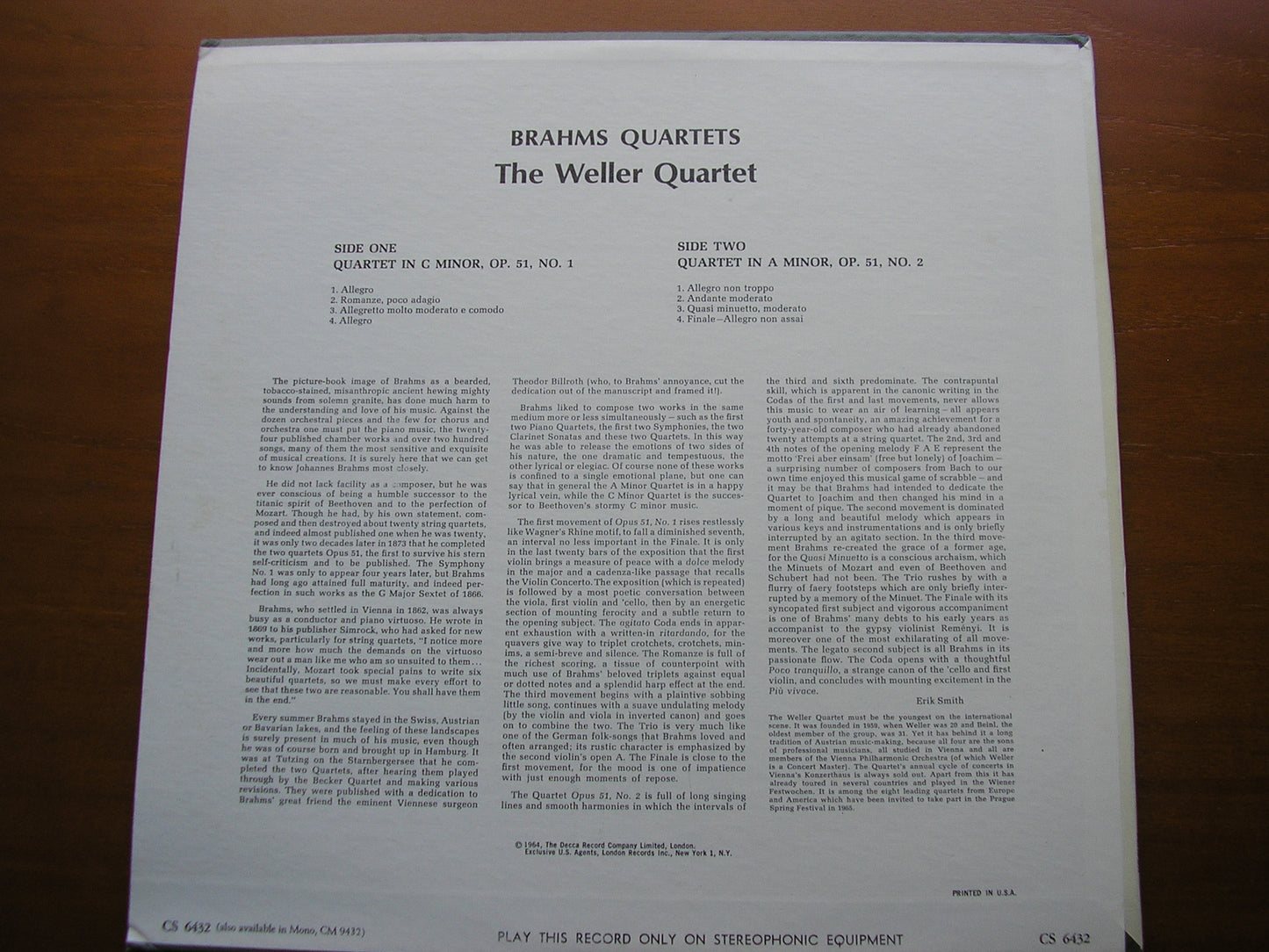 BRAHMS: STRING QUARTETS Nos. 1 & 2 Op. 51      THE WELLER QUARTET    CS 6432