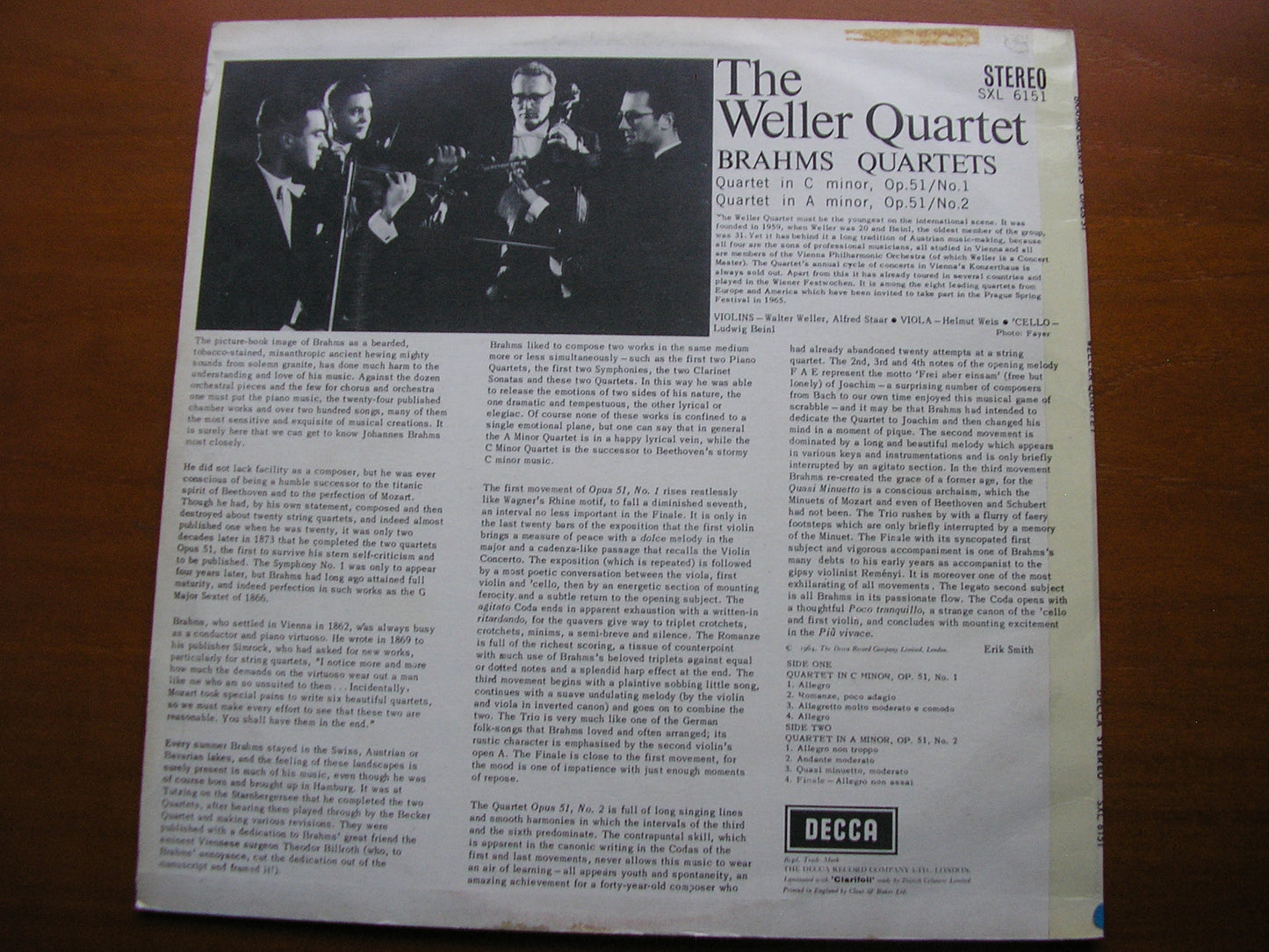 BRAHMS: STRING QUARTETS Nos. 1 & 2 Op. 51      THE WELLER QUARTET     SXL 6151