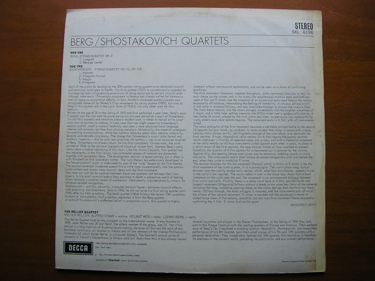 BERG: STRING QUARTET Op. 3 / SHOSTAKOVICH: QUARTET No. 10 THE WELLER QUARTET SXL 6196