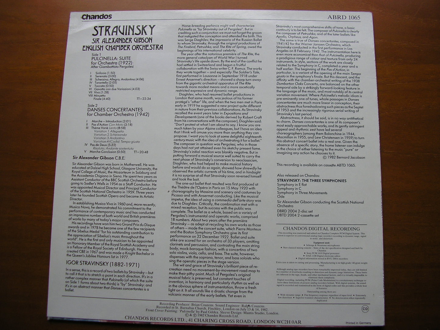STRAVINSKY: PULCINELLA SUITE / DANSES CONCERTANTES GIBSON / ENGLISH CHAMBER ORCHESTRA ABRD 1065