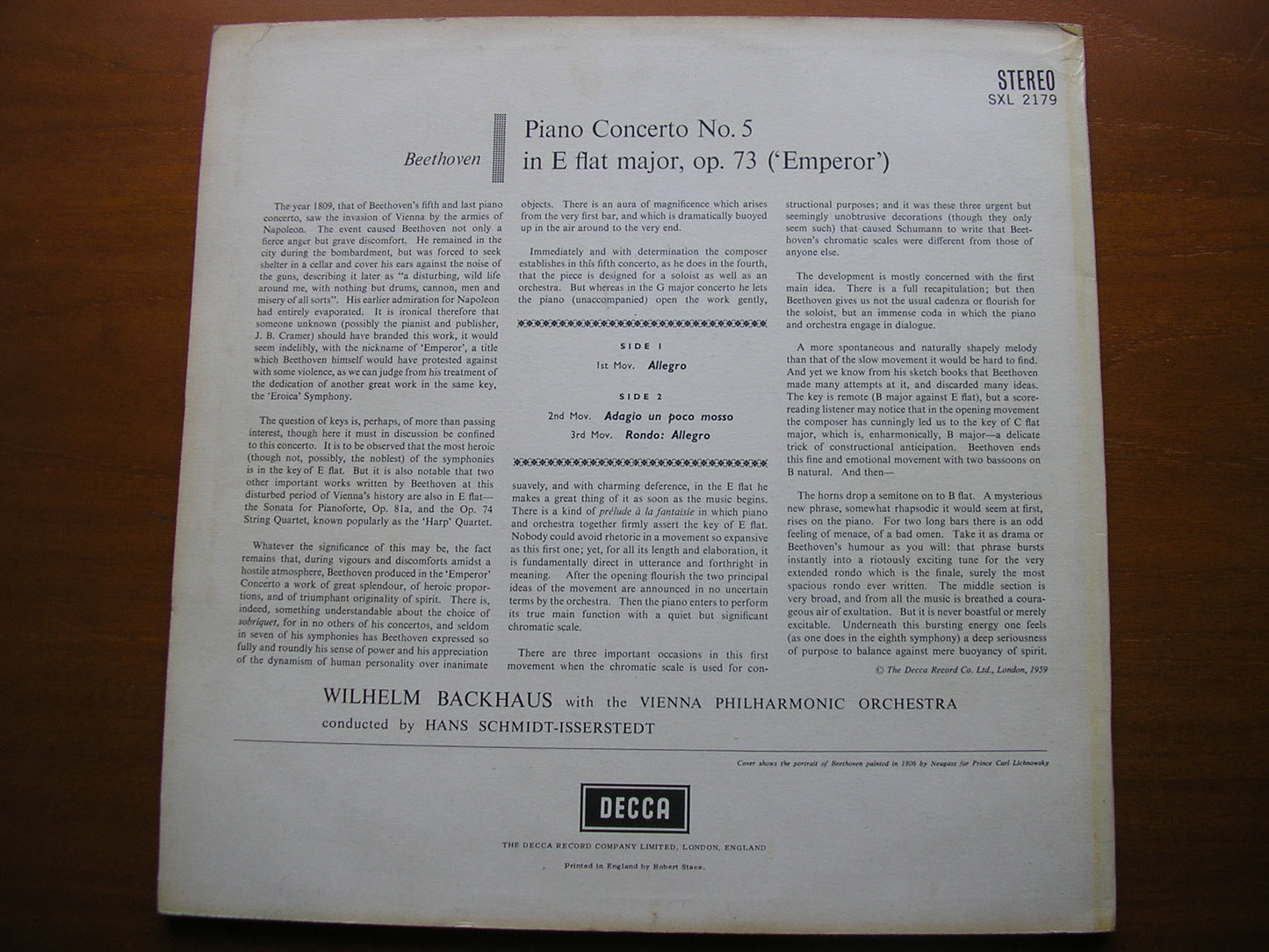 BEETHOVEN: PIANO CONCERTO No. 5 'Emperor' BACKHAUS / VIENNA PHILHARMONIC / SCHMIDT-ISSERSTEDT SXL 2179