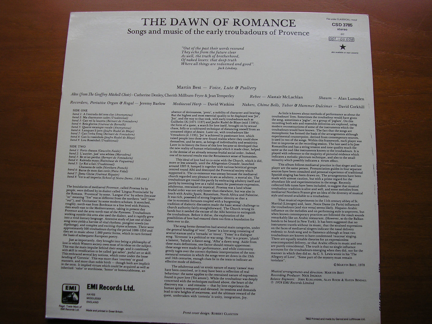 THE DAWN OF ROMANCE: SONGS & MUSIC OF THE EARLY TROUBADORS OF PROVENCE MARTIN BEST CSD 3785