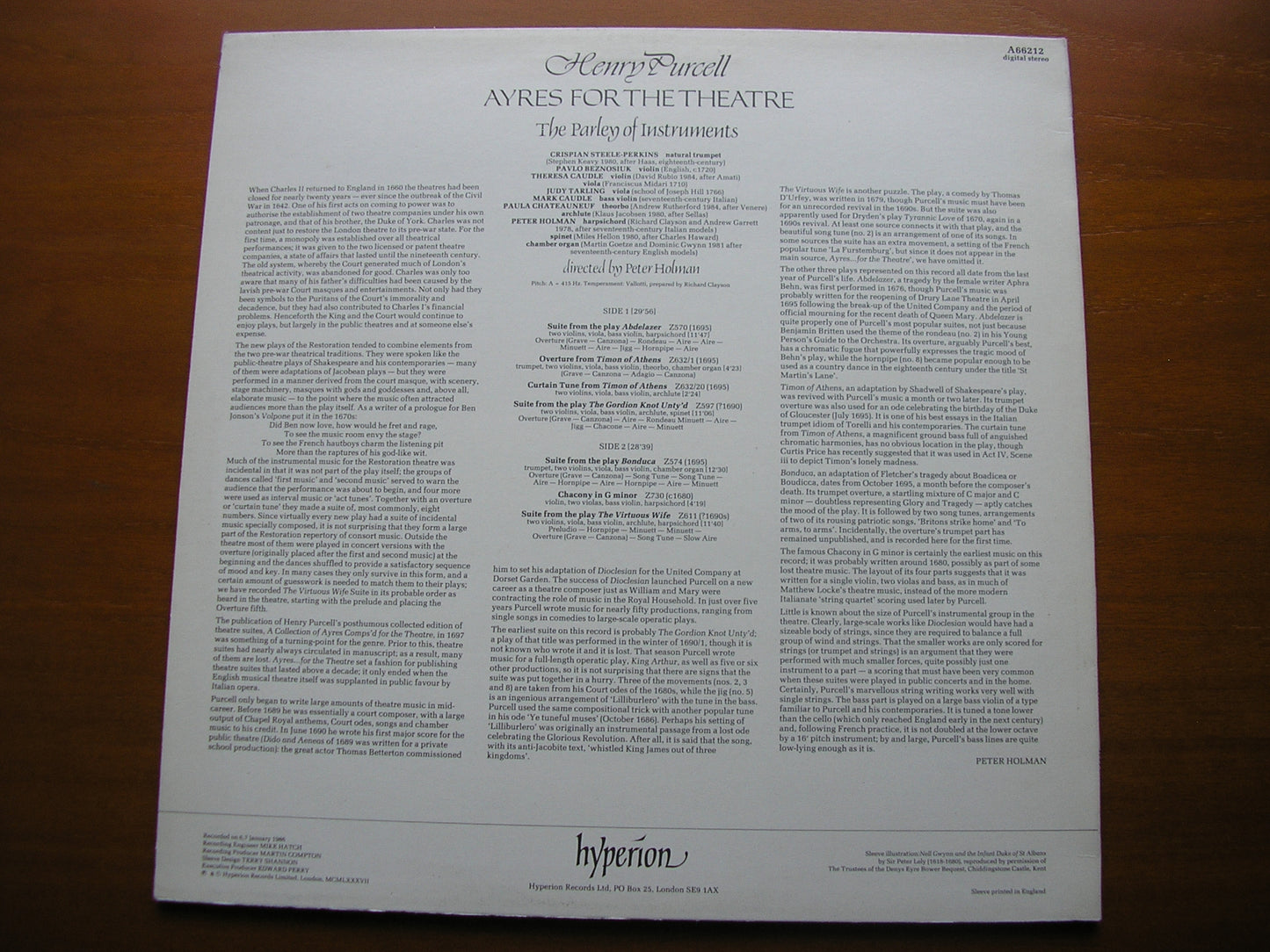 PURCELL: AYRES FOR THE THEATRE THE PARLEY OF INSTRUMENTS / HOLMAN A66212