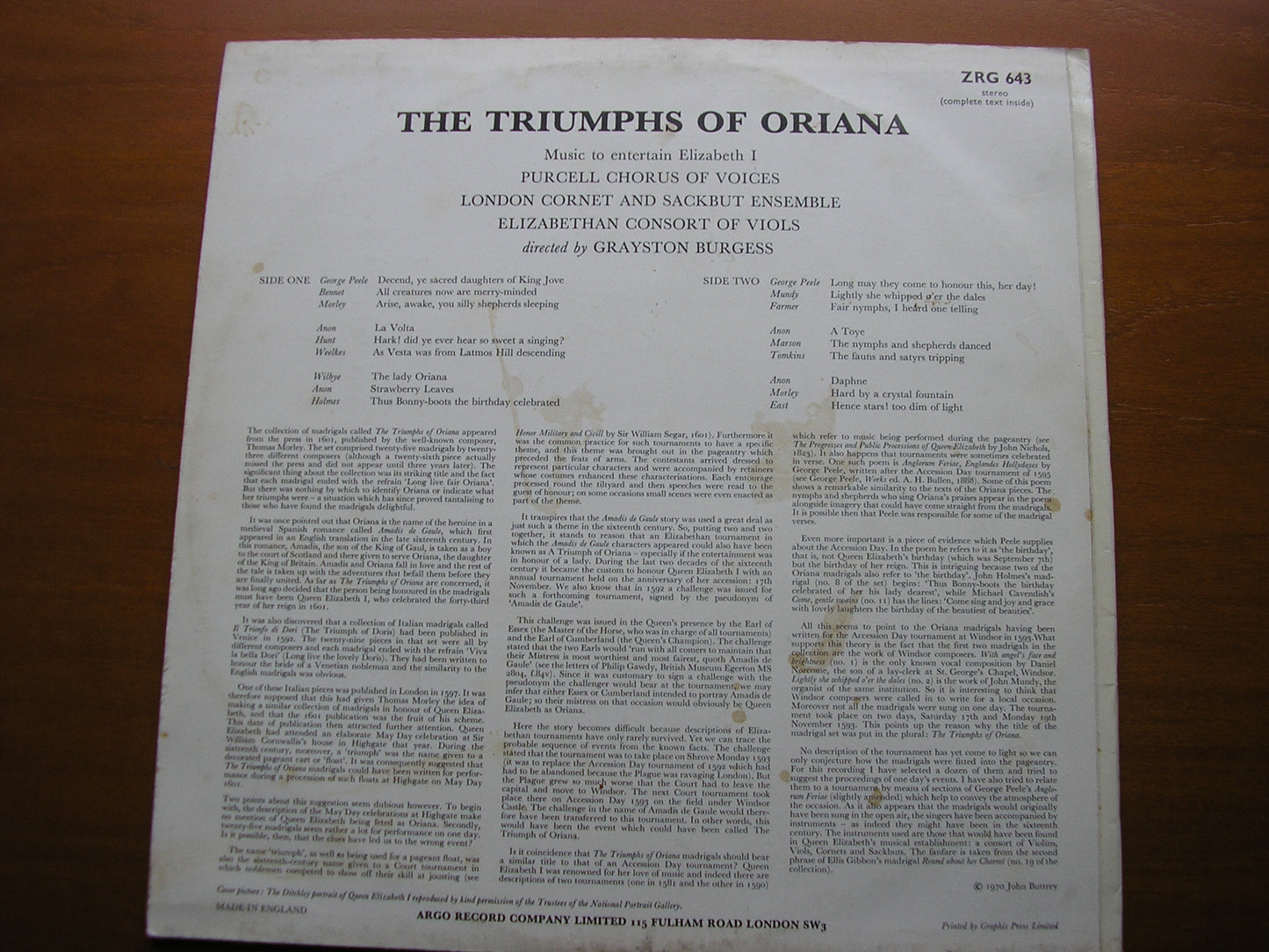 THE TRIUMPHS OF ORIANA PURCELL CONSORT OF VOICES / LONDON CORNET & SACKBUT ENSEMBLE / ELIZABETHAN CONSORT OF VIOLS / BURGESS ZRG 643