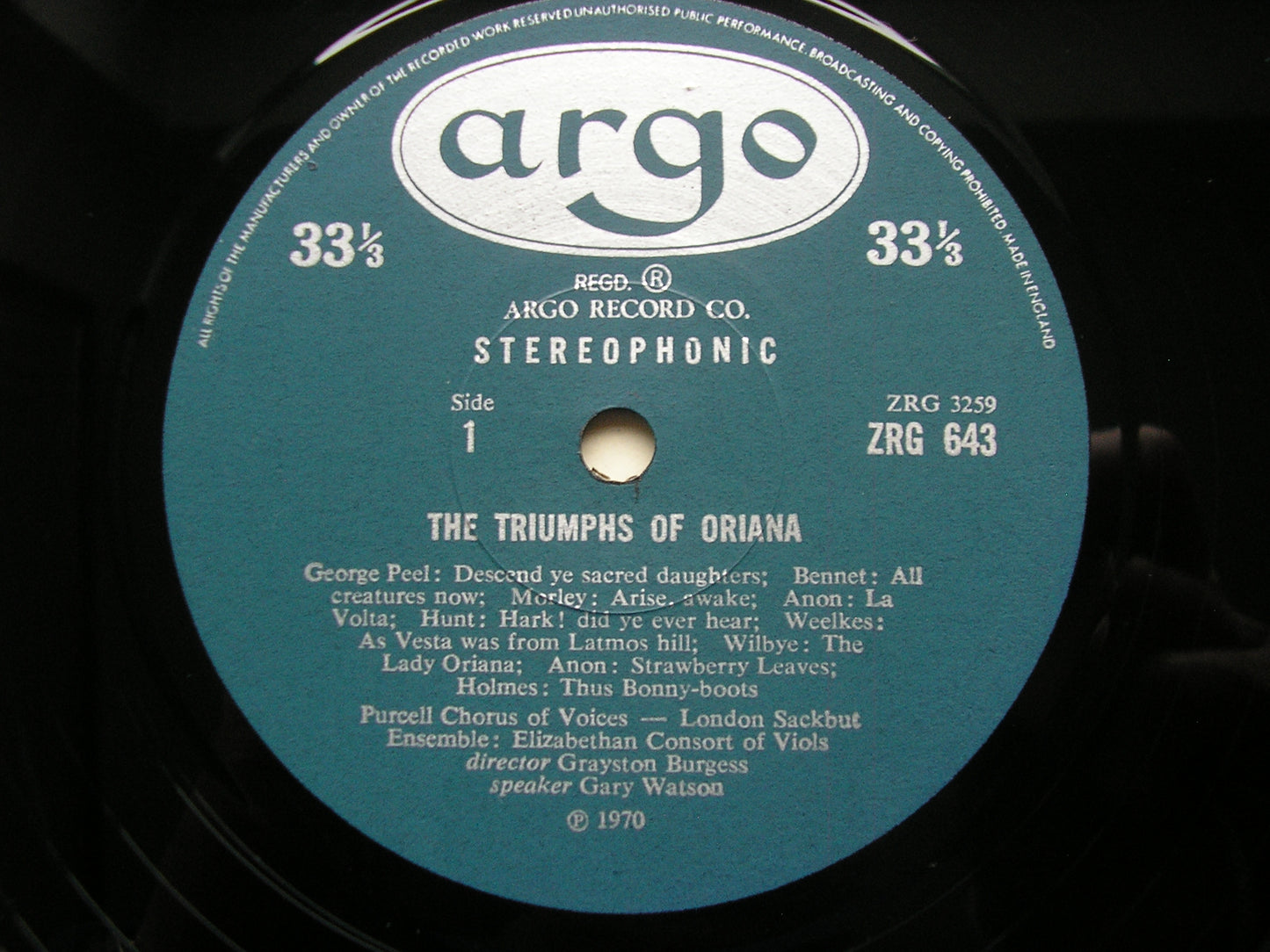 THE TRIUMPHS OF ORIANA PURCELL CONSORT OF VOICES / LONDON CORNET & SACKBUT ENSEMBLE / ELIZABETHAN CONSORT OF VIOLS / BURGESS ZRG 643