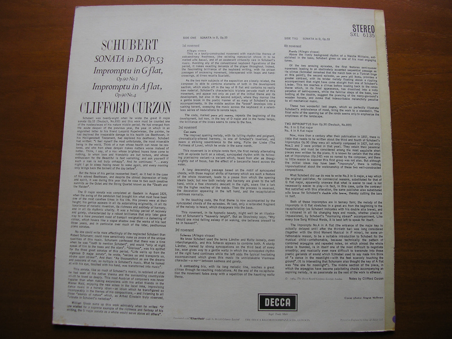 SCHUBERT: SONATA in D Op. 53 / TWO IMPROMPTUS Op. 90 CLIFFORD CURZON SXL 6135