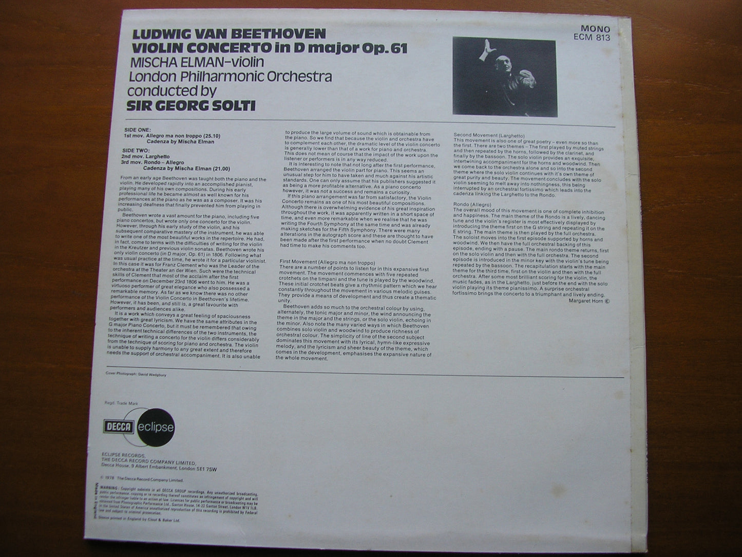 BEETHOVEN: VIOLIN CONCERTO ELMAN / LONDON PHILHARMONIC / SOLTI ECM 813