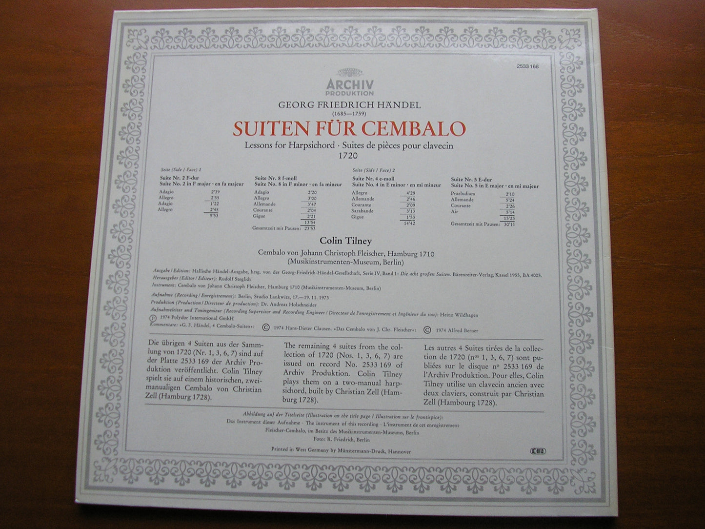 HANDEL: LESSONS FOR HARPSICHORD 1720 Suites Nos. 2 / 4 / 5 / 8 COLIN TILNEY 2533 168