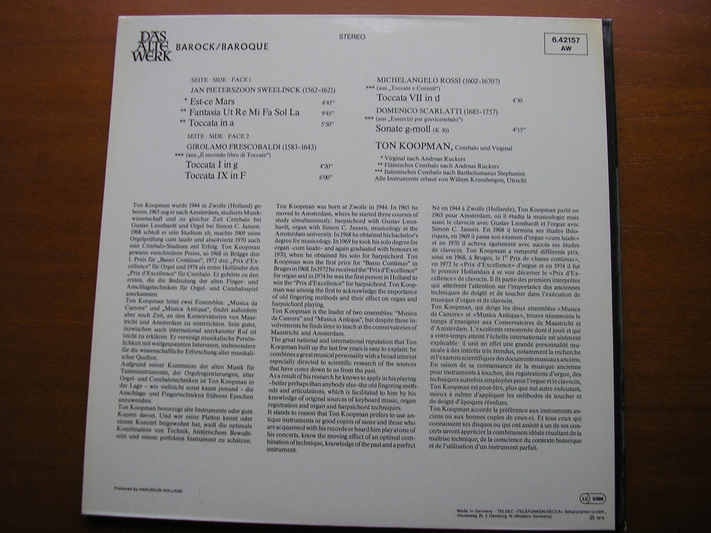 SWEELINCK / FRESCOBALDI / ROSSI / SCARLATTI: MUSIC FOR VIRGINAL / HARPSICHORD      TON KOOPMAN    6.42157