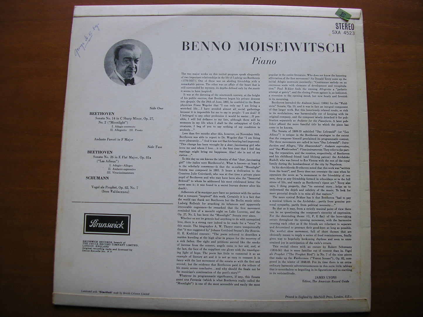 BEETHOVEN: PIANO SONATAS Nos. 14 'Moonlight' & 26 'Les Adieux'      MOISEIWITSCH      SXA 4523