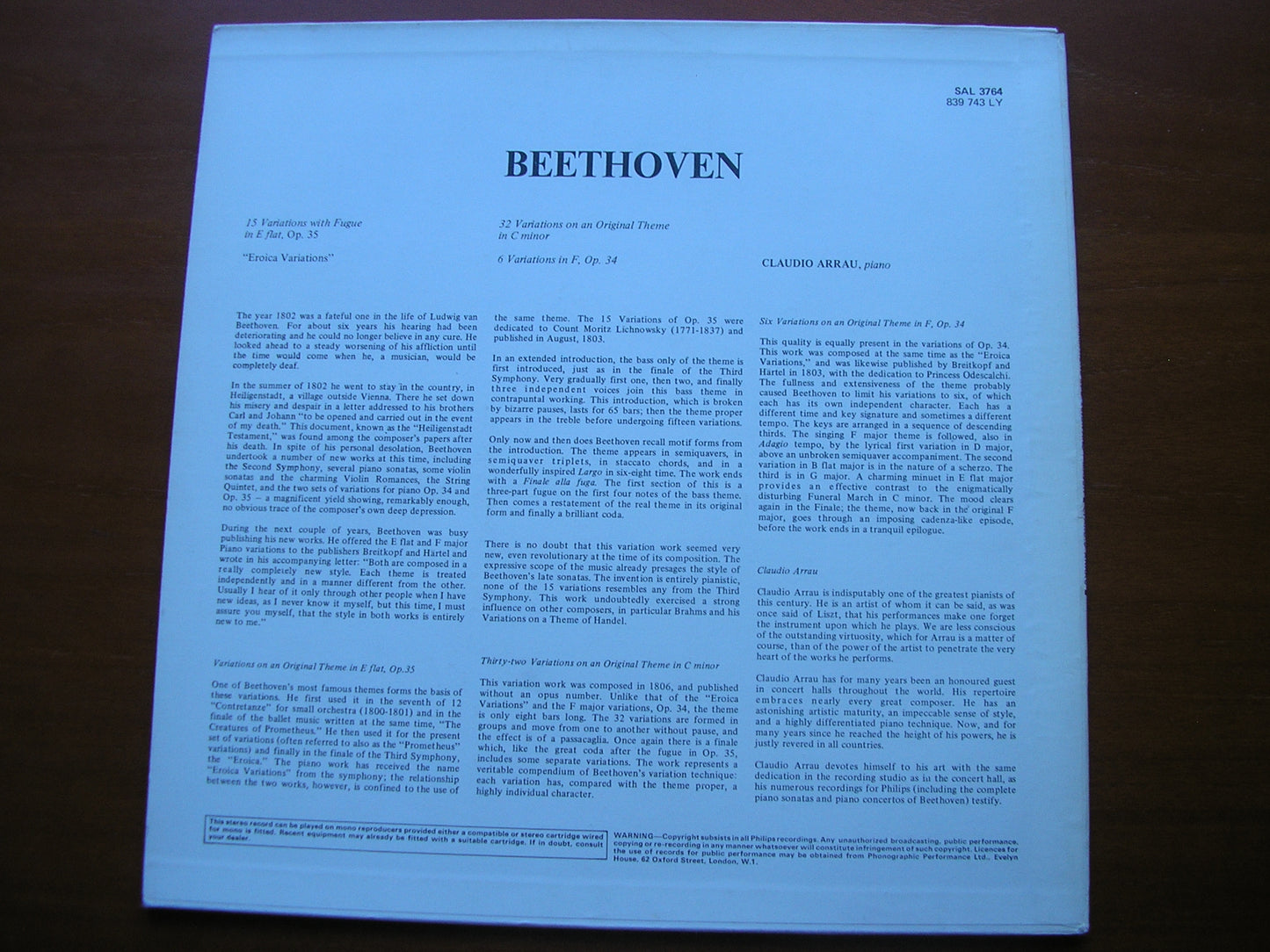 SAL 3764 BEETHOVEN: EROICA VARIATIONS / 32 VARIATIONS / 6 VARIATIONS Op. 34 CLAUDIO ARRAU SAL 3764