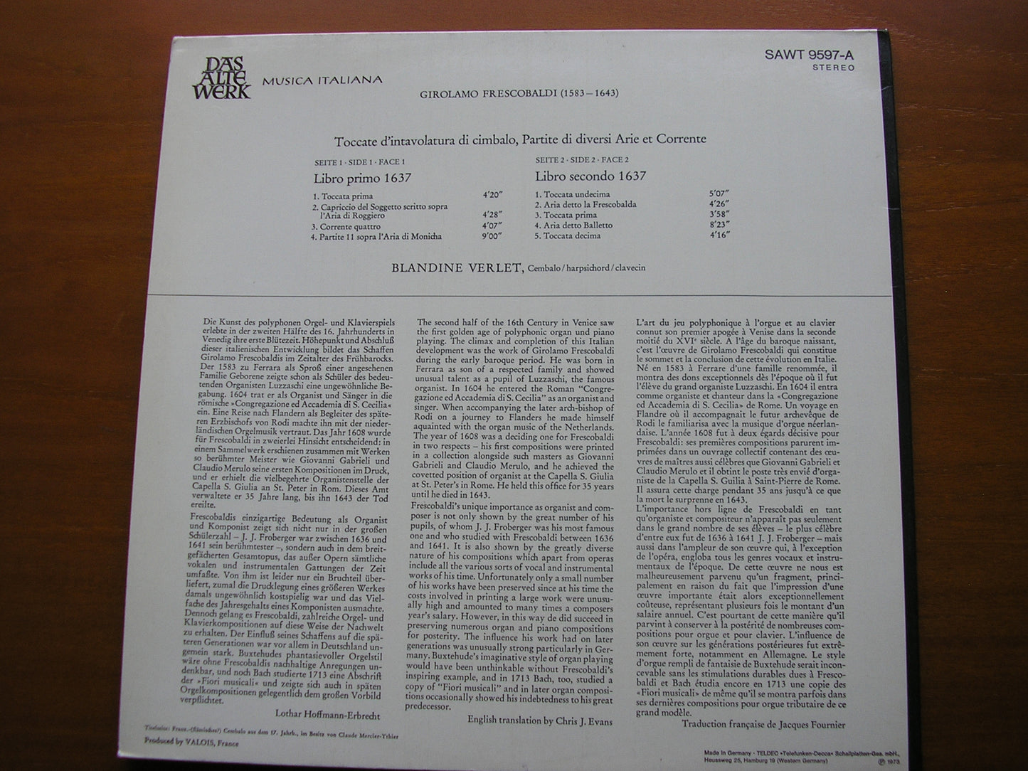 FRESCOBALDI: TOCCATAS FOR HARPSICHORD 1637 BLANDINE VERLET SAWT 9597