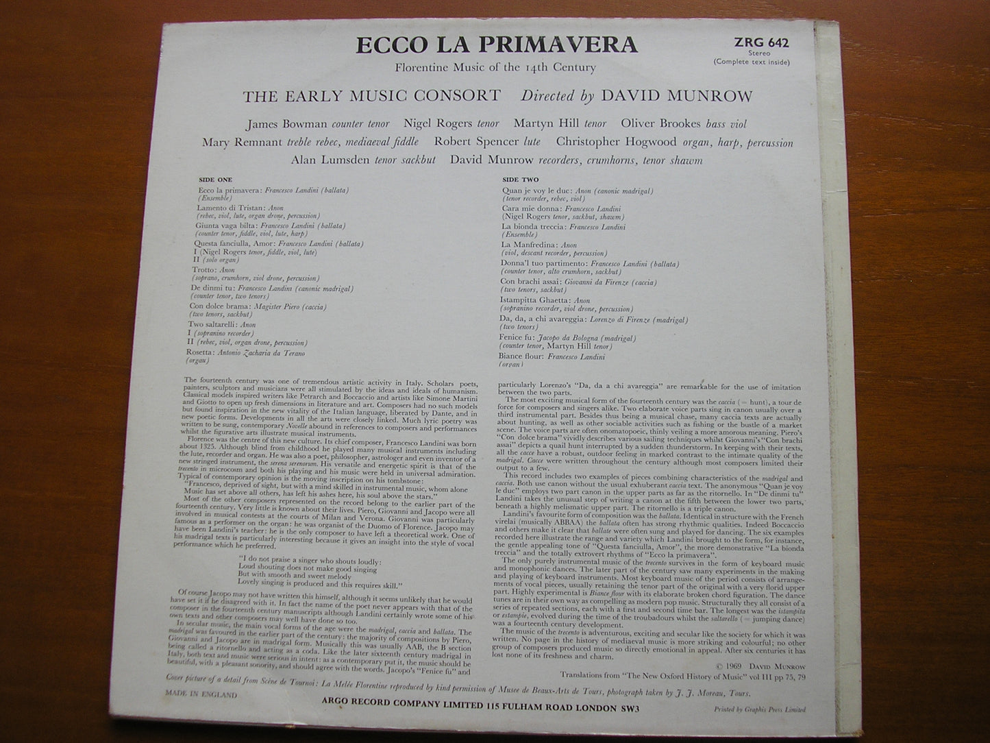 ECCO LA PRIMAVERA: FLORENTINE MUSIC OF THE 14th CENTURY     EARLY MUSIC CONSORT / MUNROW     ZRG 642