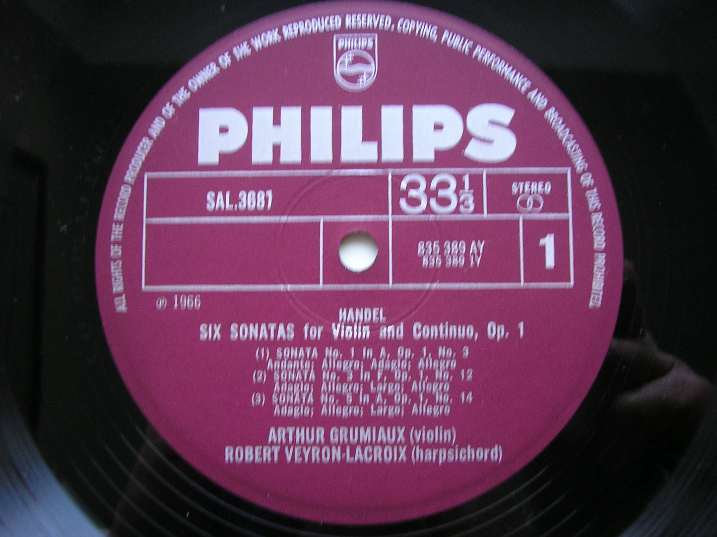 HANDEL: SIX SONATAS FOR VIOLIN & HARPSICHORD Op. 1      GRUMIAUX / VEYRON-LACROIX     SAL 3687