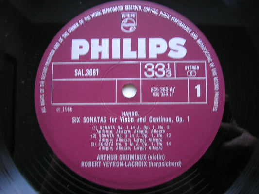 HANDEL: SIX SONATAS FOR VIOLIN & HARPSICHORD Op. 1      GRUMIAUX / VEYRON-LACROIX     SAL 3687