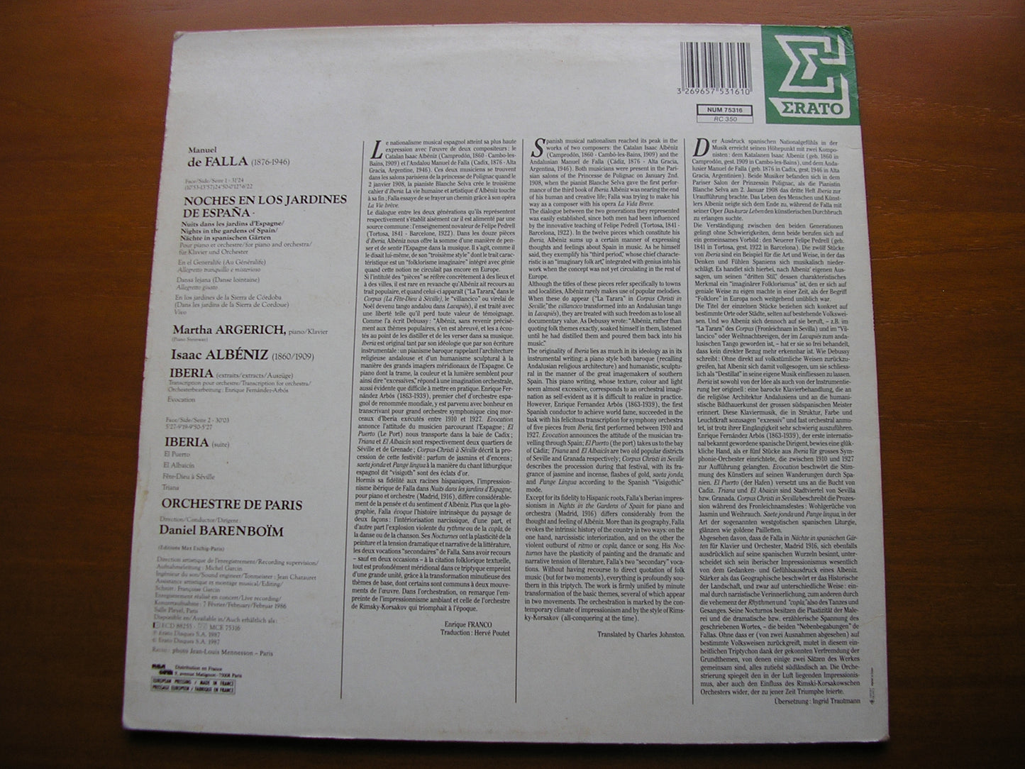 FALLA: NIGHTS IN THE GARDENS OF SPAIN / ALBENIZ: IBERIA     ARGERICH / ORCHESTRE DE PARIS / BARENBOIM     NUM 75316