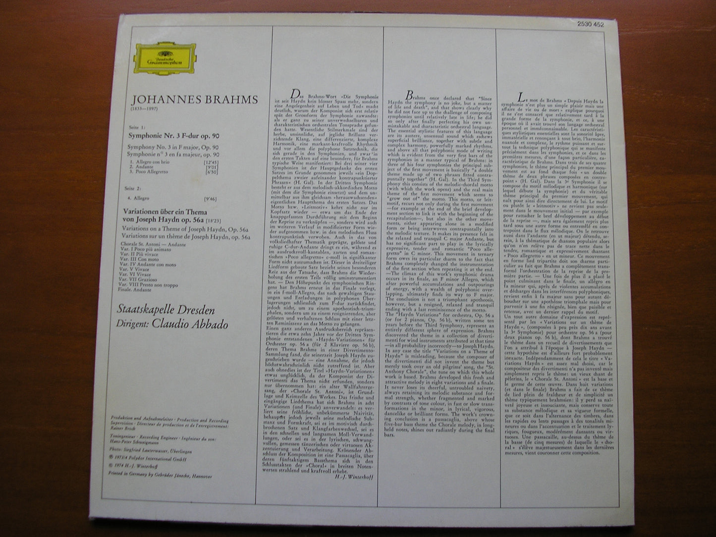 BRAHMS: SYMPHONY No. 3 / HAYDN VARIATIONS CLAUDIO ABBADO / STAATSKAPELLE DRESDEN 2530 452
