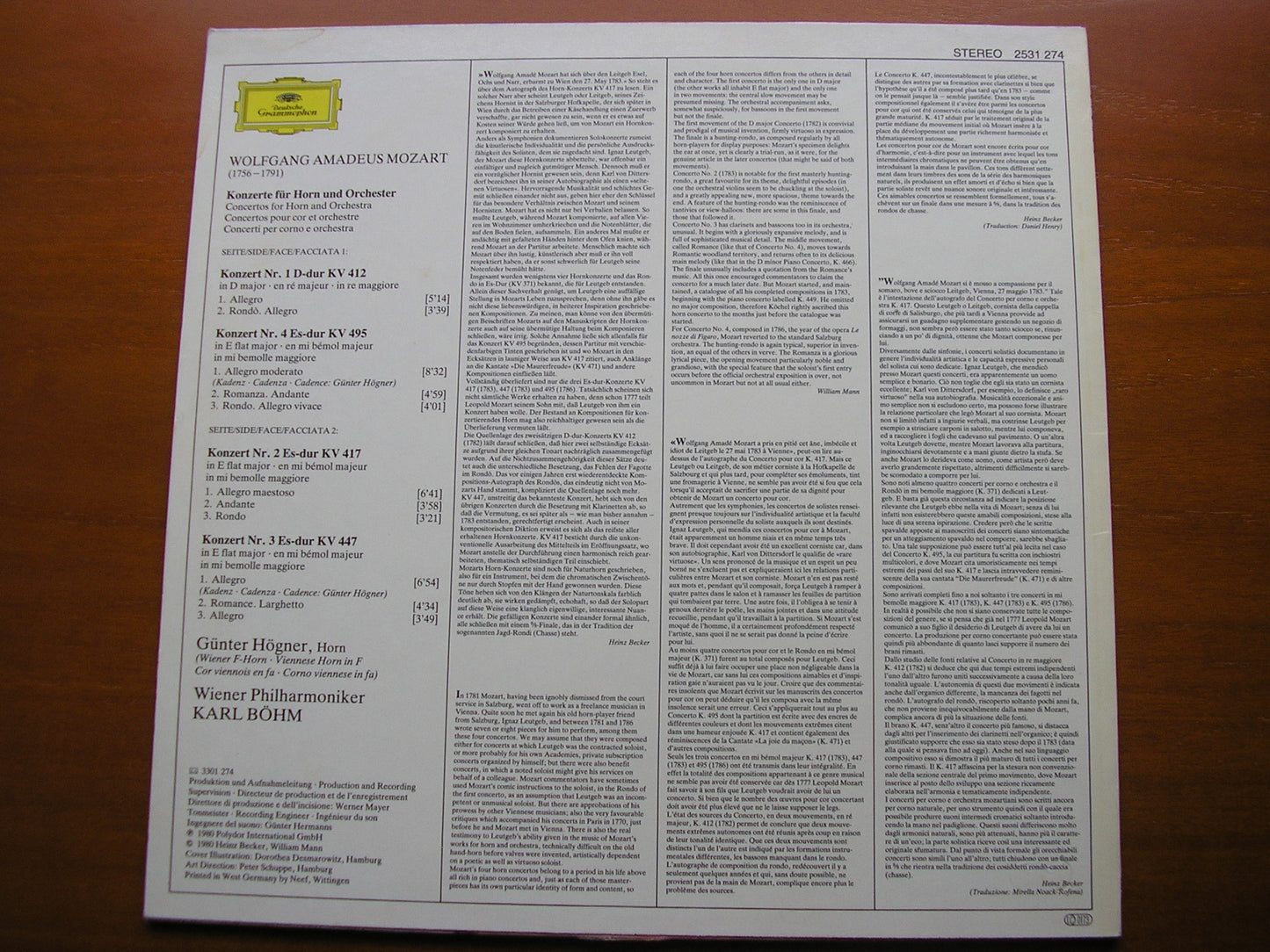MOZART: HORN CONCERTOS HOGNER / VIENNA PHILHARMONIC / BOHM 2531 274