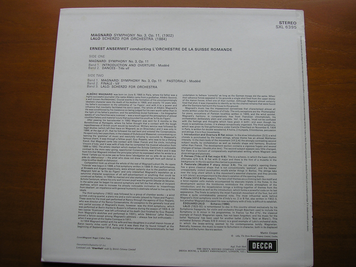 MAGNARD: SYMPHONY No. 3 / LALO: SCHERZO    ANSERMET / SUISSE ROMANDE      SXL 6395
