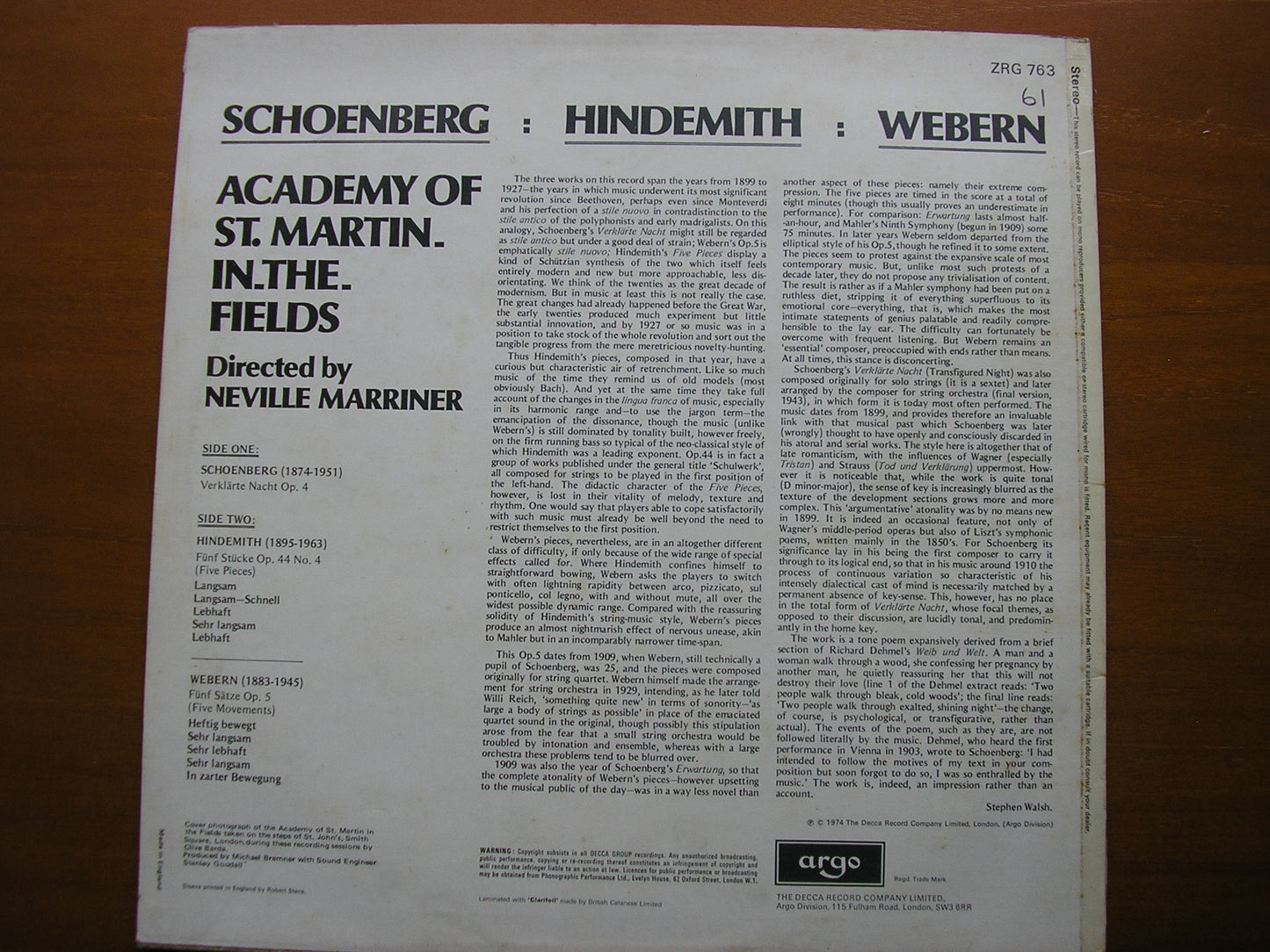 HINDEMITH: FIVE PIECES Op. 44 / SCHOENBERG: VERKLARTE NACHT / WEBERN: FIVE MOVEMENTS     MARRINER / ASMIF    ZRG 763