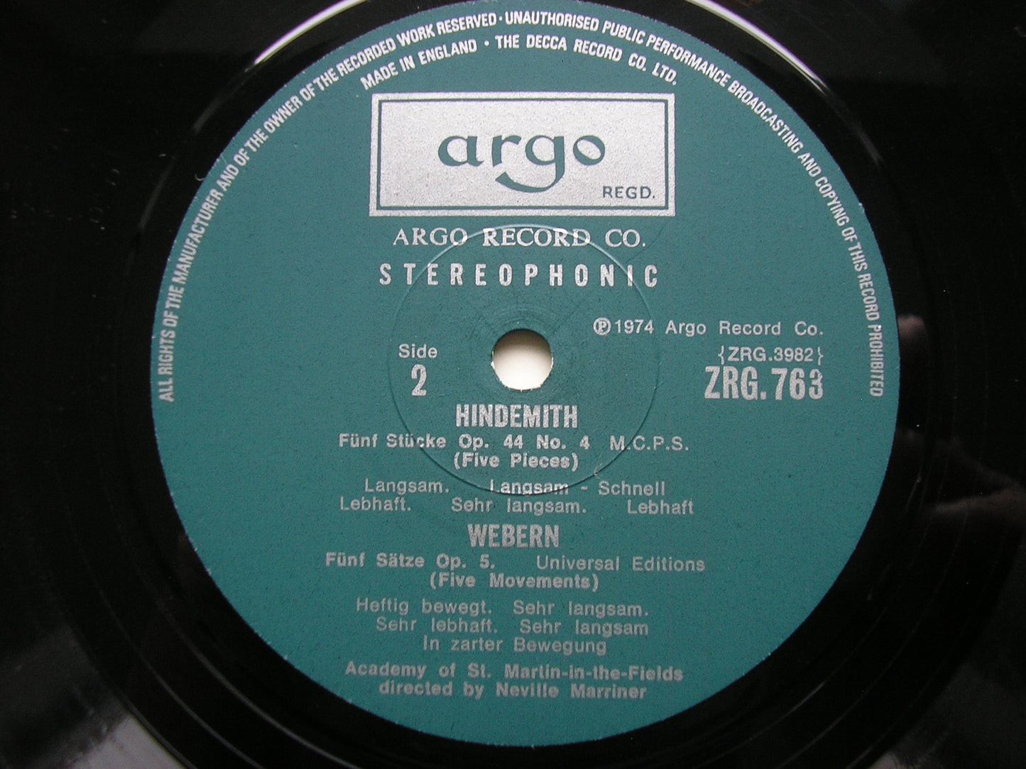 HINDEMITH: FIVE PIECES Op. 44 / SCHOENBERG: VERKLARTE NACHT / WEBERN: FIVE MOVEMENTS     MARRINER / ASMIF    ZRG 763