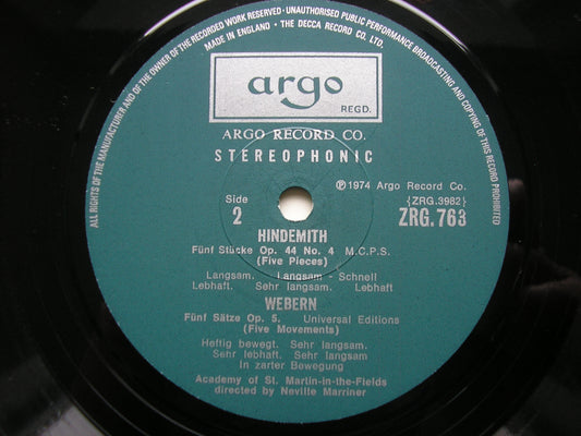 HINDEMITH: FIVE PIECES Op. 44 / SCHOENBERG: VERKLARTE NACHT / WEBERN: FIVE MOVEMENTS     MARRINER / ASMIF    ZRG 763