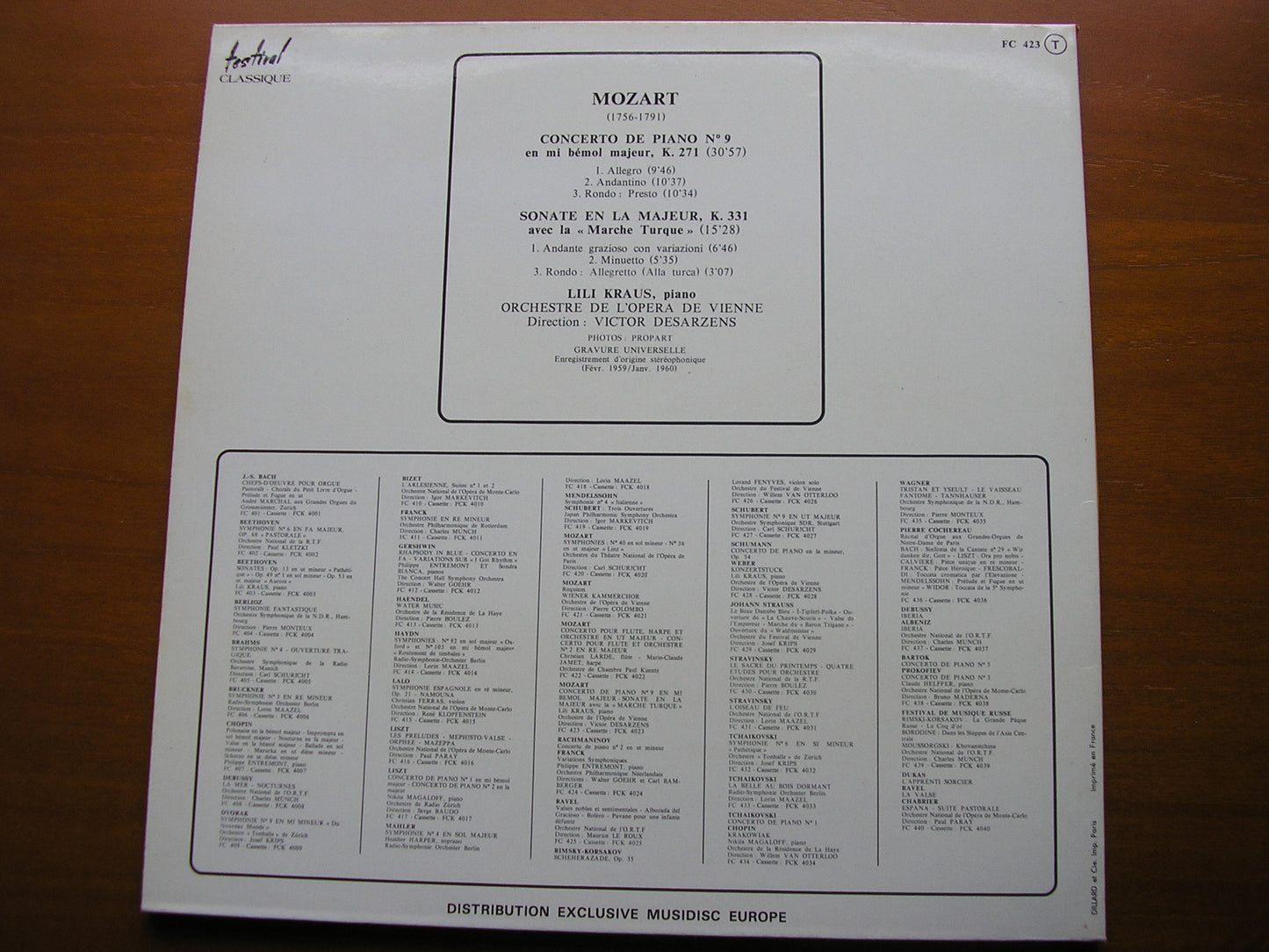 MOZART: PIANO CONCERTO No. 9 / SONATA K331     LILI KRAUS / VIENNA OPERA ORCHESTRA / DESARZENS    FC 423