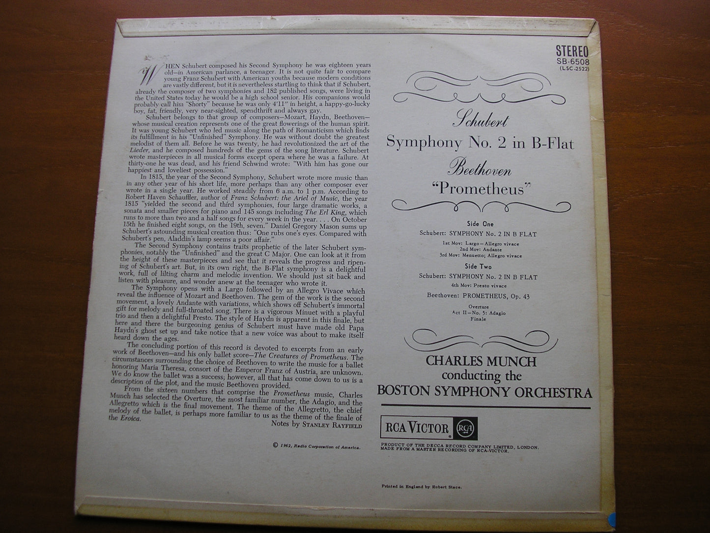 SCHUBERT: SYMPHONY No. 2 / BEETHOVEN: PROMETHEUS excerpts MUNCH / BOSTON SYMPHONY SB 6508