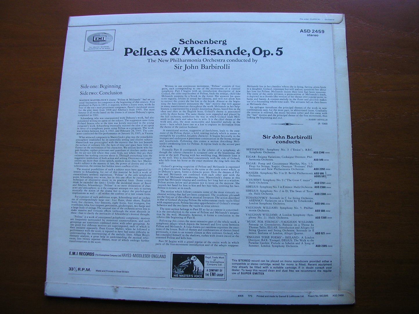 SCHOENBERG: PELLEAS & MELISANDE     BARBIROLLI / NEW PHILHARMONIA      ASD 2459