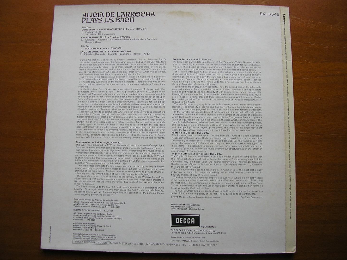 ALICIA DE LARROCHA PLAYS BACH: ITALIAN CONCERTO / FANTASIA / FRENCH SUITE No. 6 / ENGLISH SUITE No. 2        SXL 6545