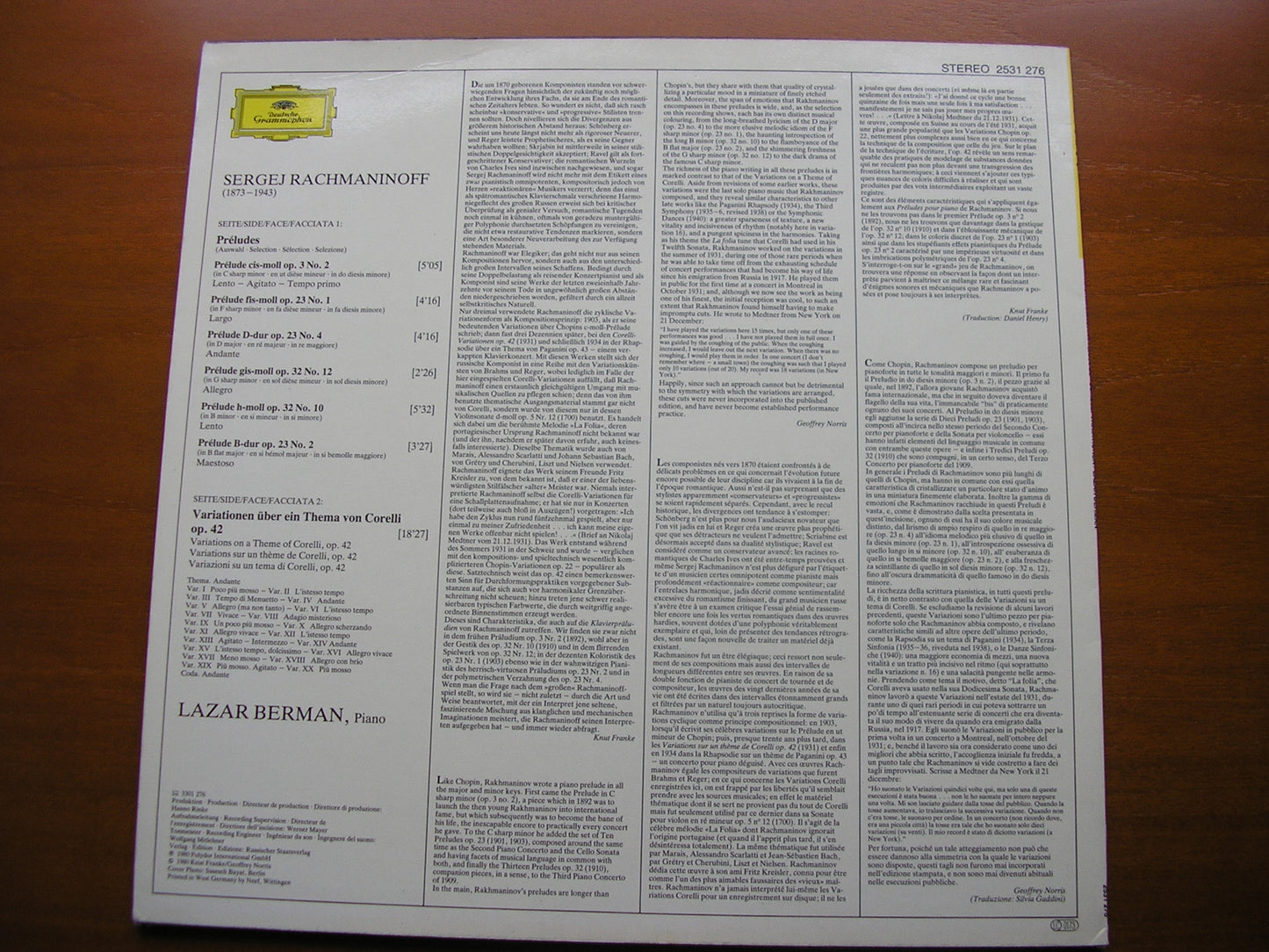 RACHMANINOV: CORELLI VARIATIONS / SIX PRELUDES     LAZAR BERMAN    2531 276