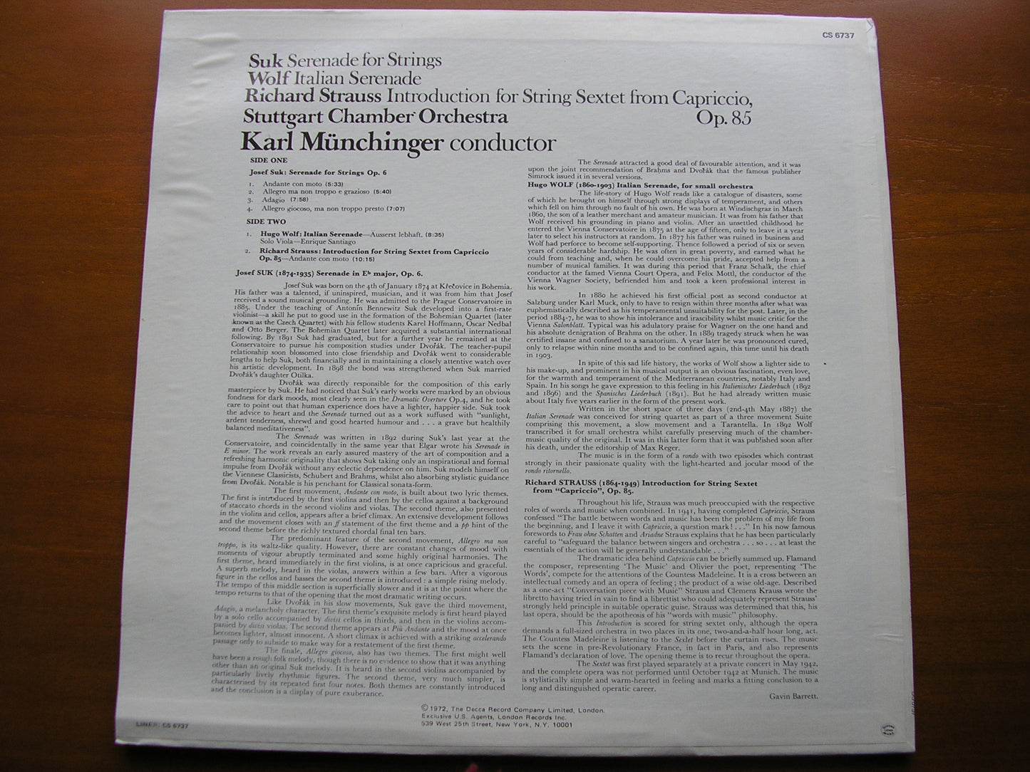 SUK: SERENADE / WOLF: ITALIAN SERENADE / STRAUSS: SEXTET from CAPRICCIO MUNCHINGER / STUTTGART CHAMBER ORCHESTRA CS 6737