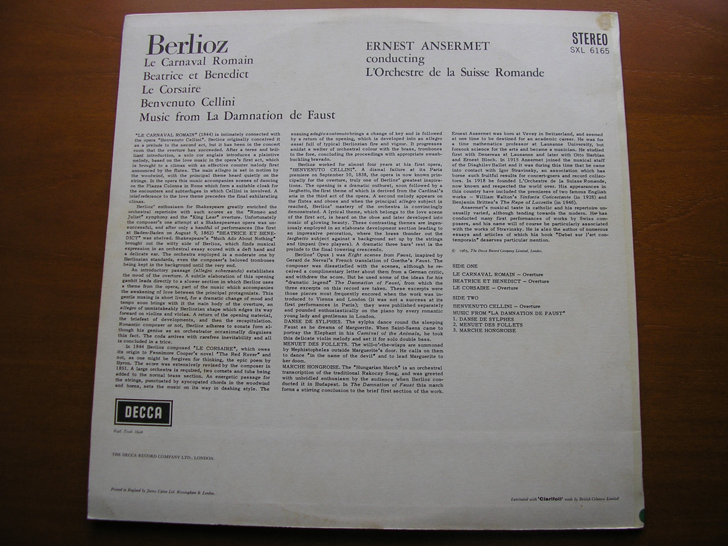 ANSERMET CONDUCTS BERLIOZ: FOUR OVERTURES / LA DAMNATION DE FAUST excerpts ANSERMET / SUISSE ROMANDE SXL 6165
