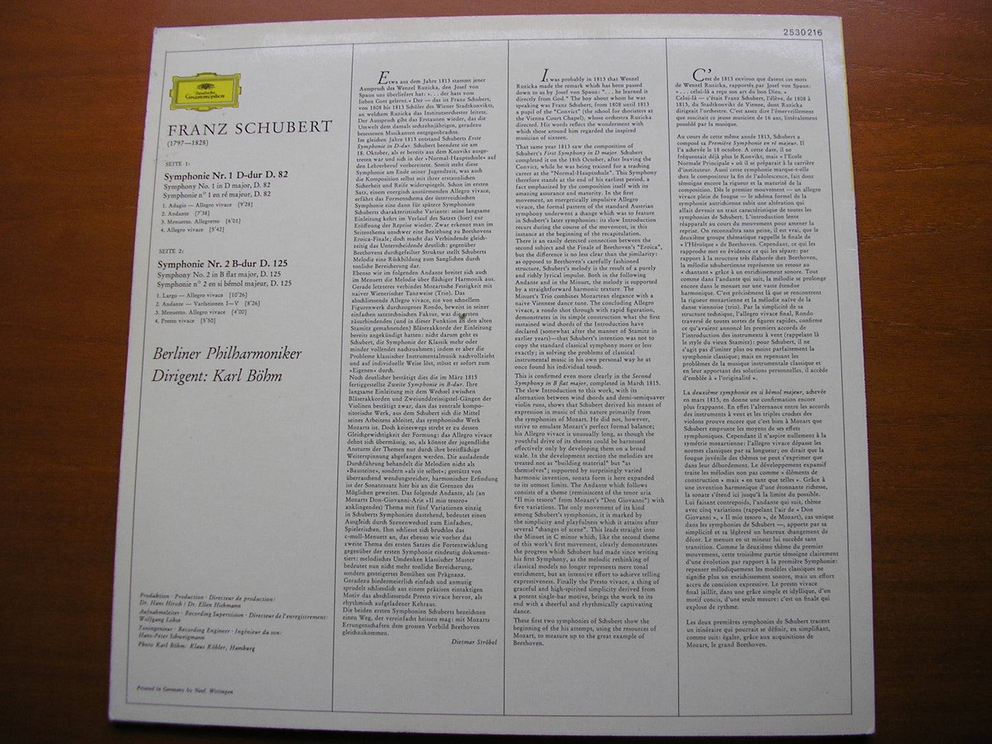 SCHUBERT: SYMPHONIES Nos. 1 & 2    BOHM / BERLIN PHILHARMONIC    2530 216