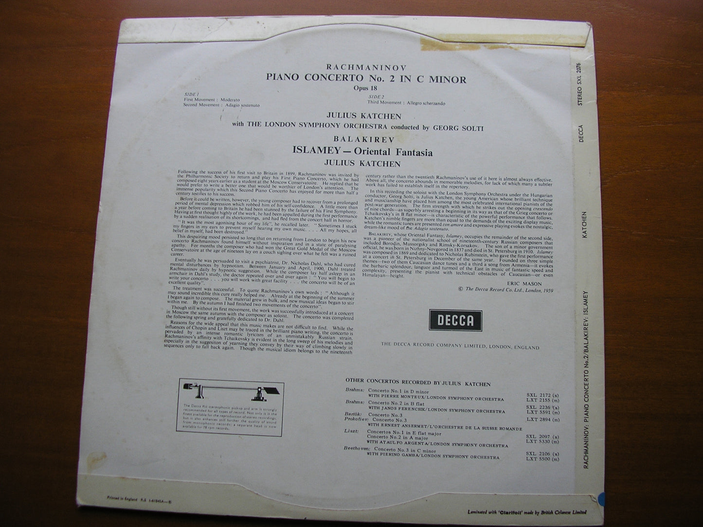 RACHMANINOV: PIANO CONCERTO No. 2 / BALAKIREV: ISLAMEY   KATCHEN / LONDON SYMPHONY / SOLTI    SXL 2076
