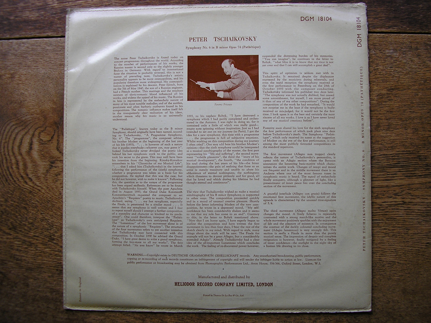 TCHAIKOVSKY: SYMPHONY No. 6 FERENC FRICSAY / BERLIN PHILHARMONIC ORCHESTRA DGM 18104