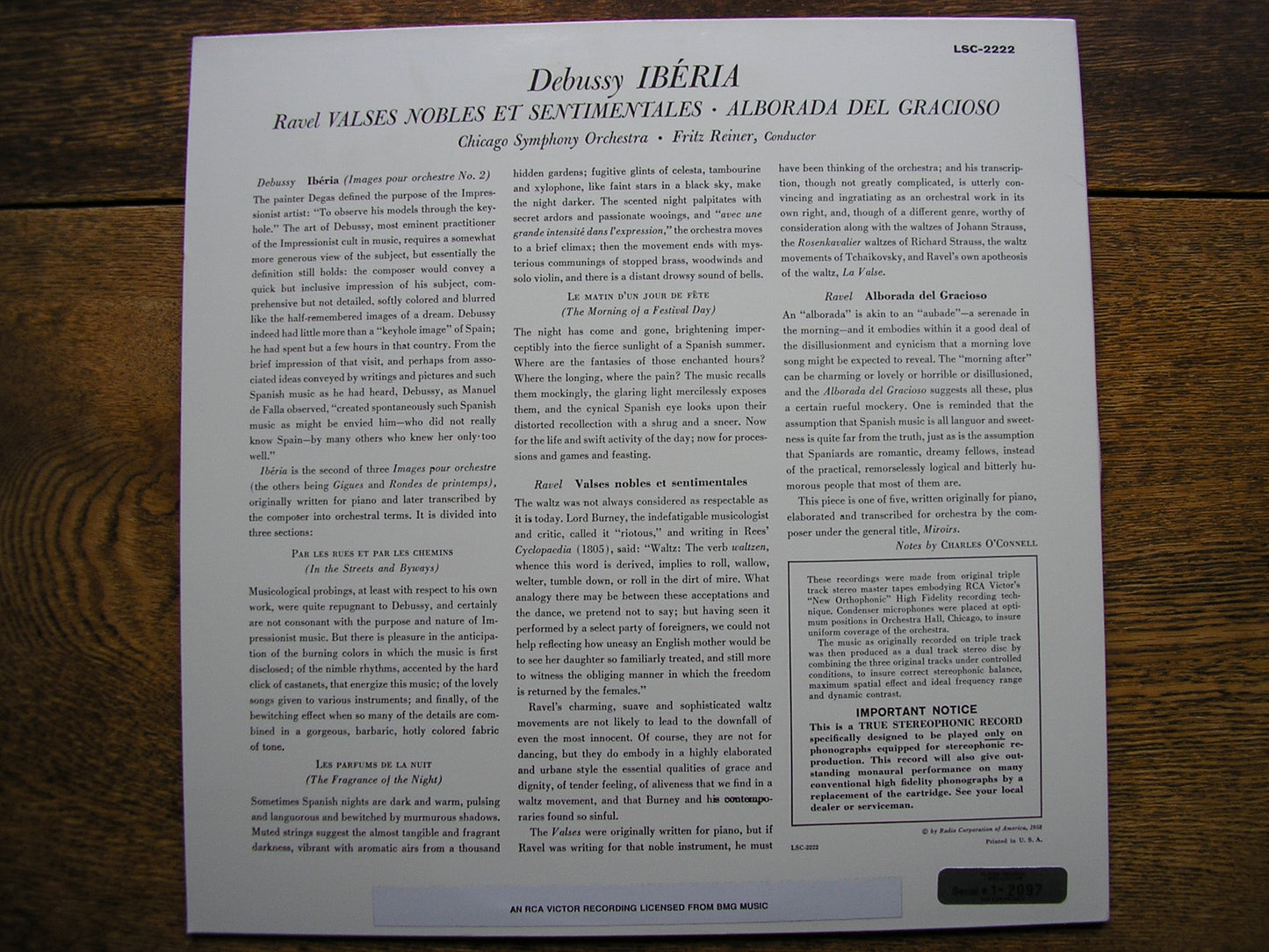 DEBUSSY: IBERIA / RAVEL: ALBORADO DEL GRACIOSO / VALSES NOBLES ET SENTIMENTALES    REINER / CHICAGO SYMPHONY    LSC 2222