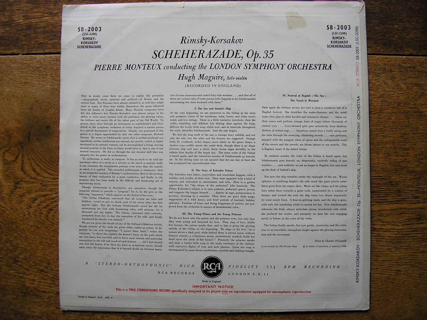 RIMSKY - KORSAKOV: SCHEHERAZADE    PIERRE MONTEUX / LONDON SYMPHONY    SB 2003