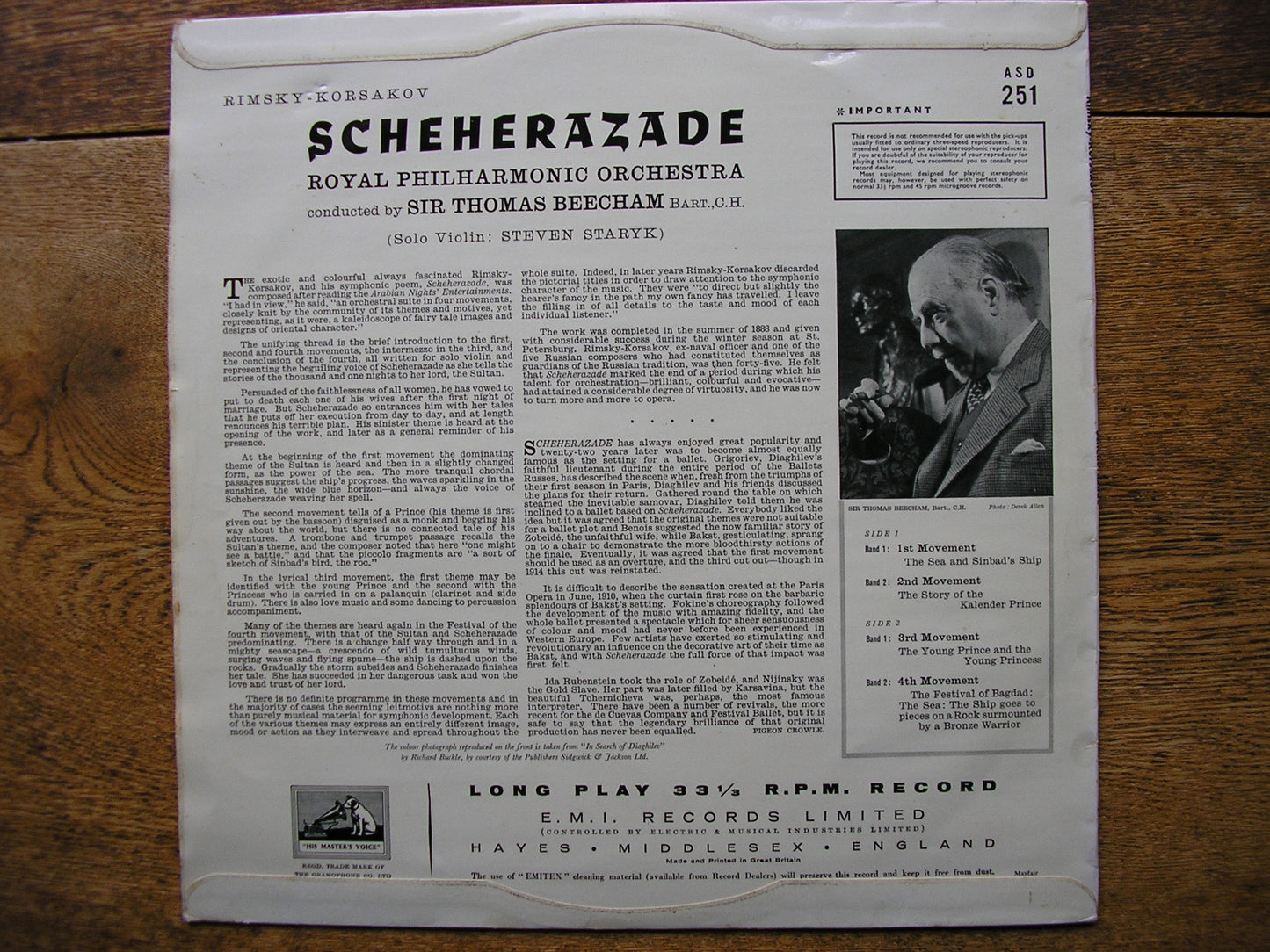 RIMSKY - KORSAKOV: SCHEHERAZADE  SIR THOMAS BEECHAM / ROYAL PHILHARMONIC   ASD 251